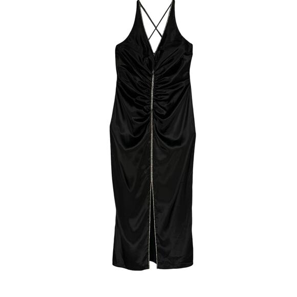 VTG ONYX NITEBlack Satin Gem Ruched Front Slit Maxi Y2K DressWomen's 14W